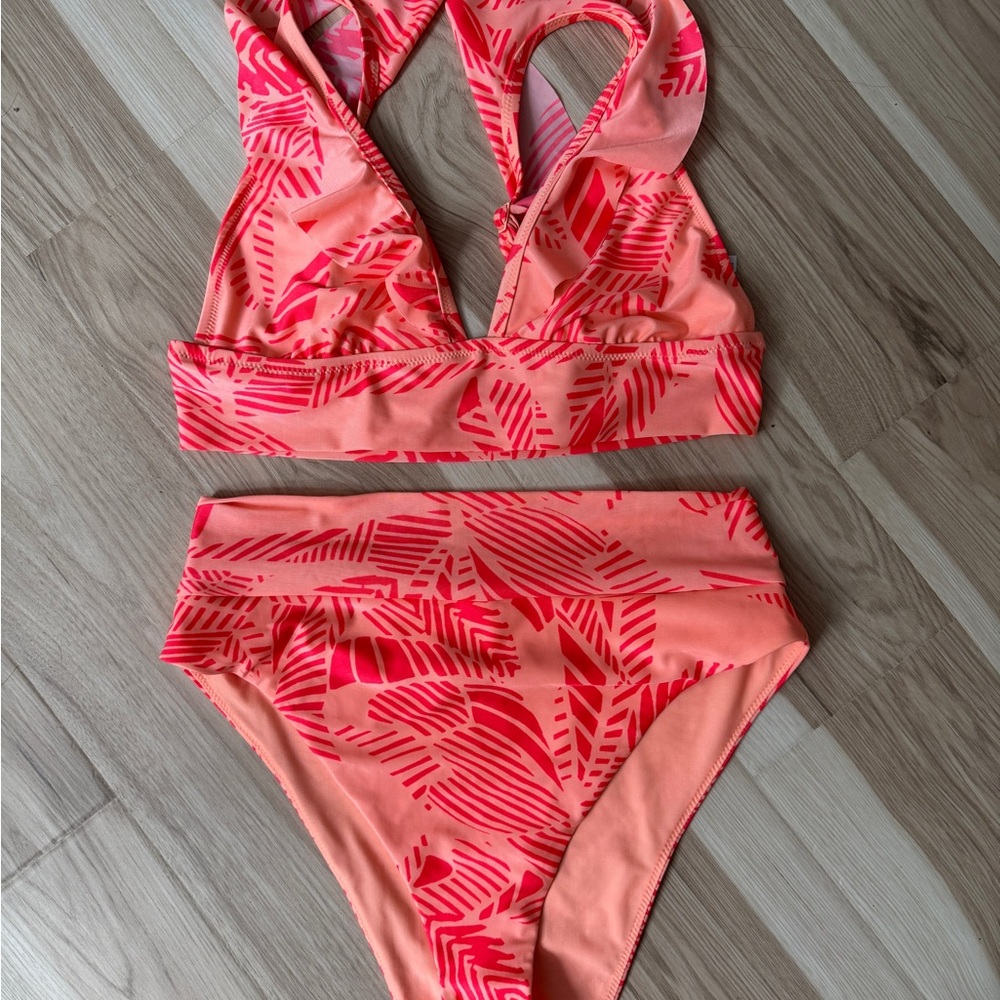 Aerie Pink and Red Bikini Set with High-Waisted Bottoms